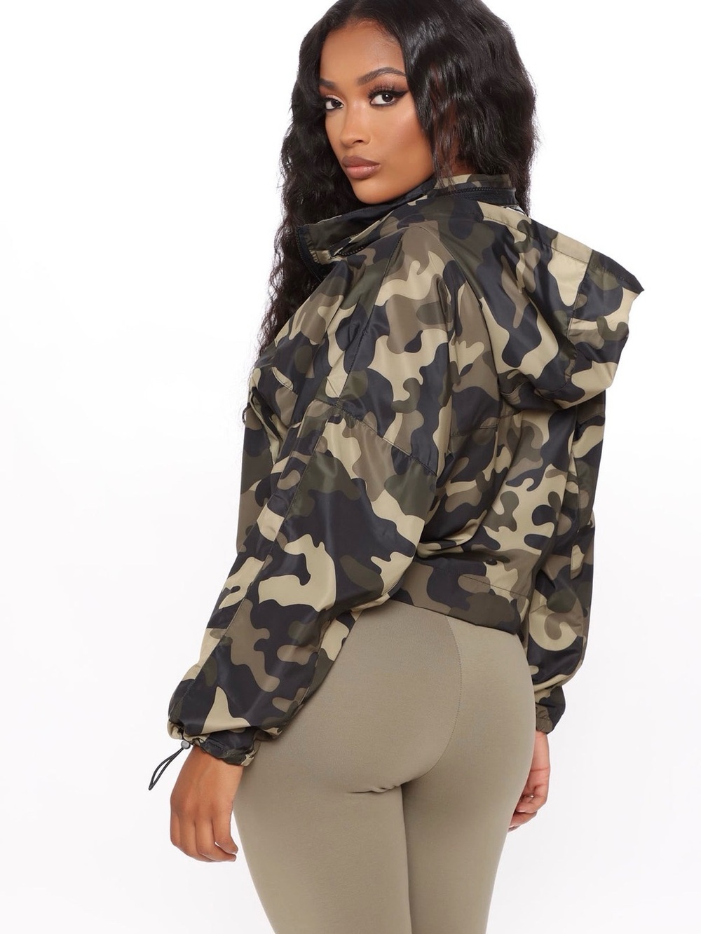 Fashion Nova Camo Hooded Bomber Rain Jacket - Olive/Black
